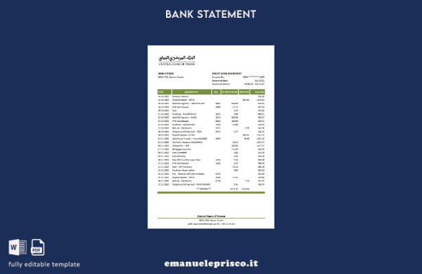 Modello Excel di estratto conto della Banca centrale dello Yemen in stile verifi